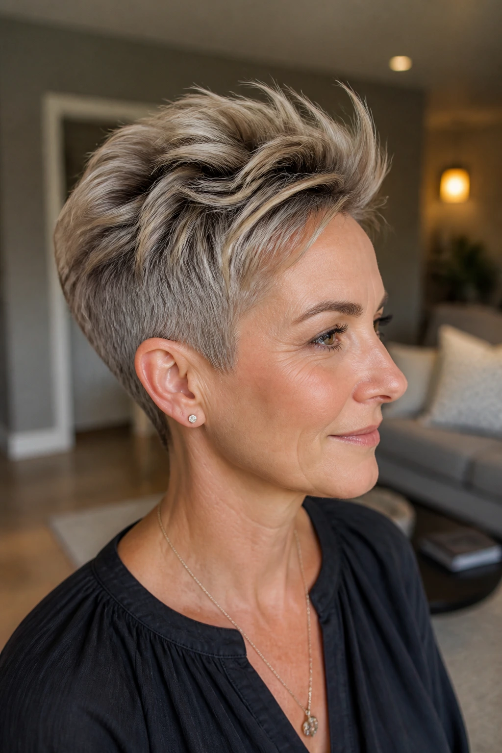 Real person portrait with a tapered pixie and crown lift