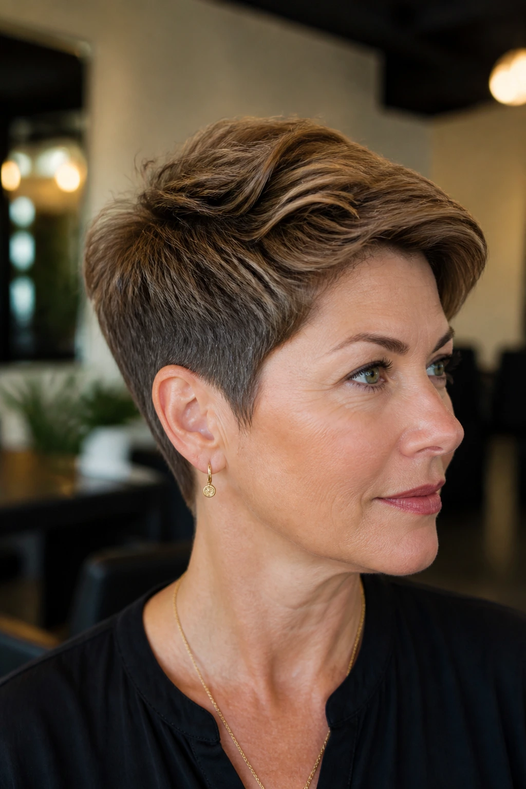 Close-up of a real woman with a tapered pixie and crown lift