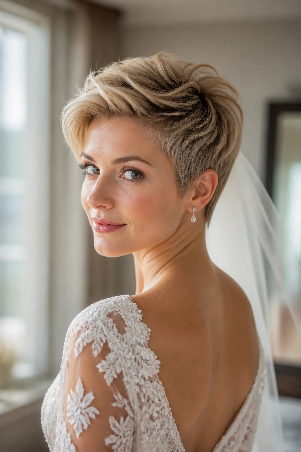 Close-up of a bride with a tapered pixie and crown lift