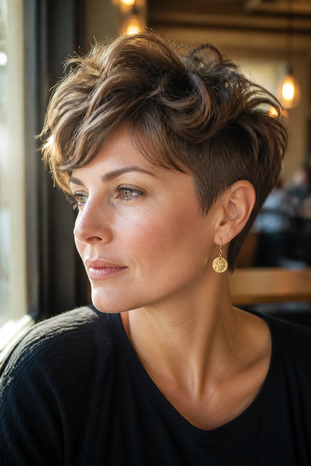 Close-up portrait of a real person with tapered pixie and tousled crown