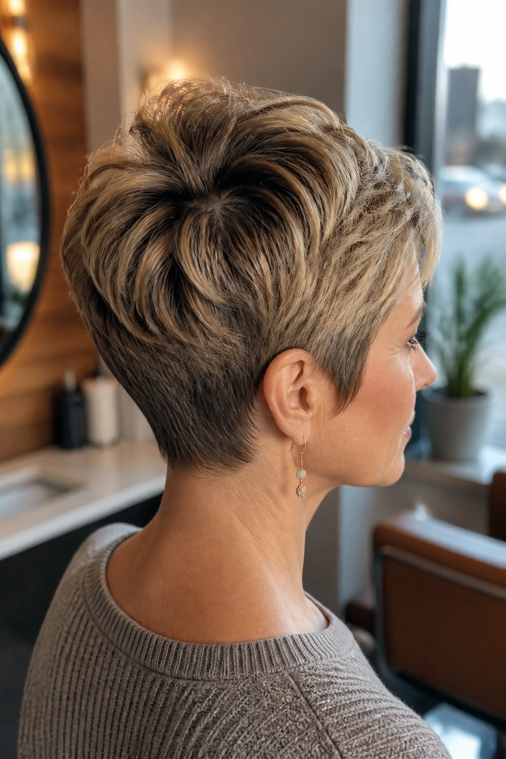 Close-up of a tapered pixie with a loose crown swirl on a real person in a chic salon