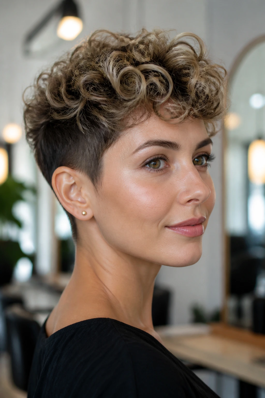 Real woman with a tapered curly pixie, top volume, sleek neckline