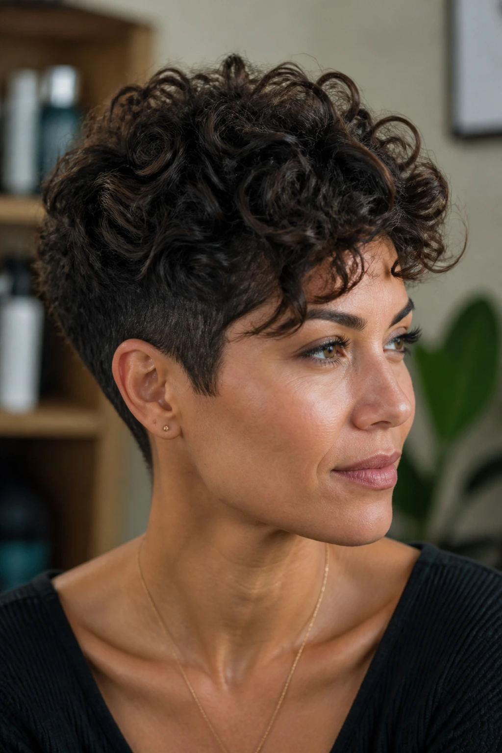 Close-up portrait of a woman with a tapered curly pixie in soft home lighting