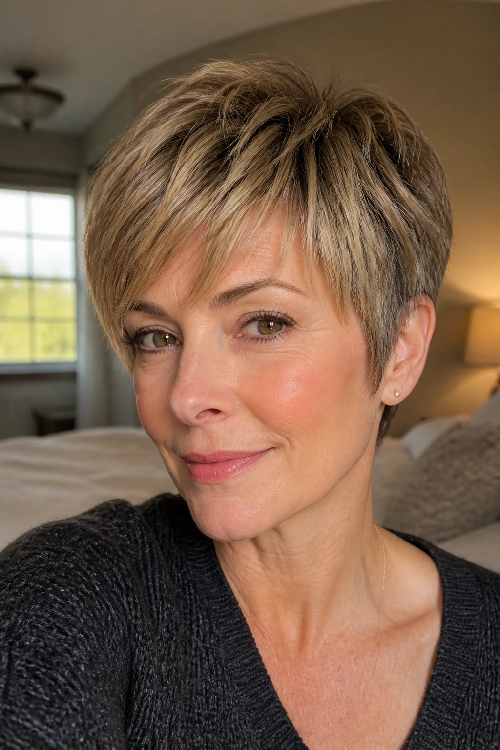 Close-up portrait of a real woman with a tapered pixie and feathered fringe