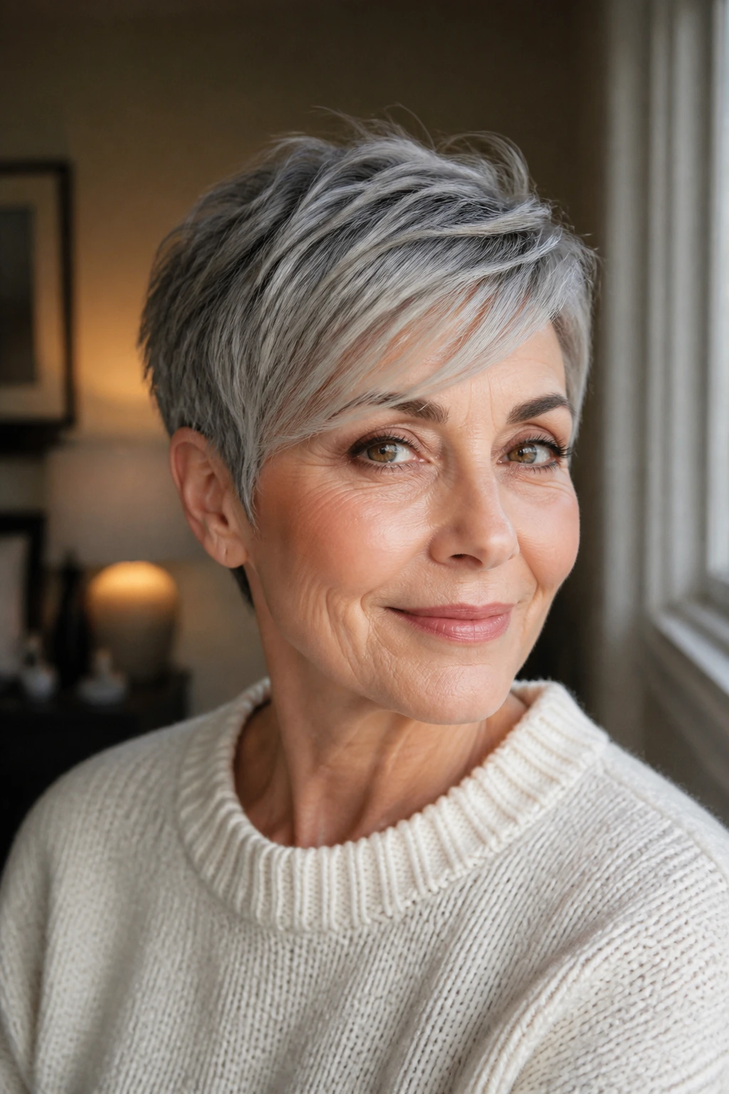 Close-up of a woman with a tapered pixie and side-swept fringe