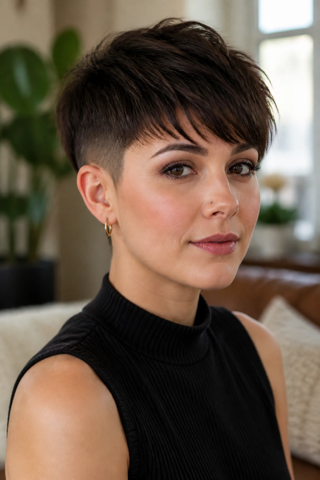 Portrait of a real person with a tapered undercut pixie and fringe