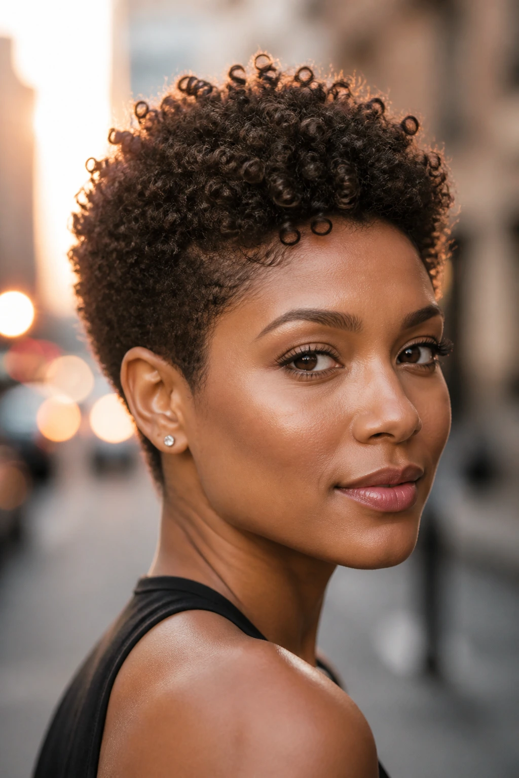 Portrait of a woman with a tapered pixie fro in golden hour light