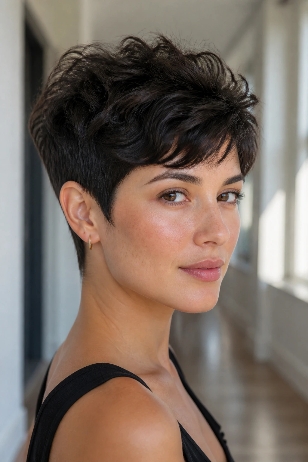 Close-up portrait of a real woman with a Tapered Pixie showing tapered sides and fuller top