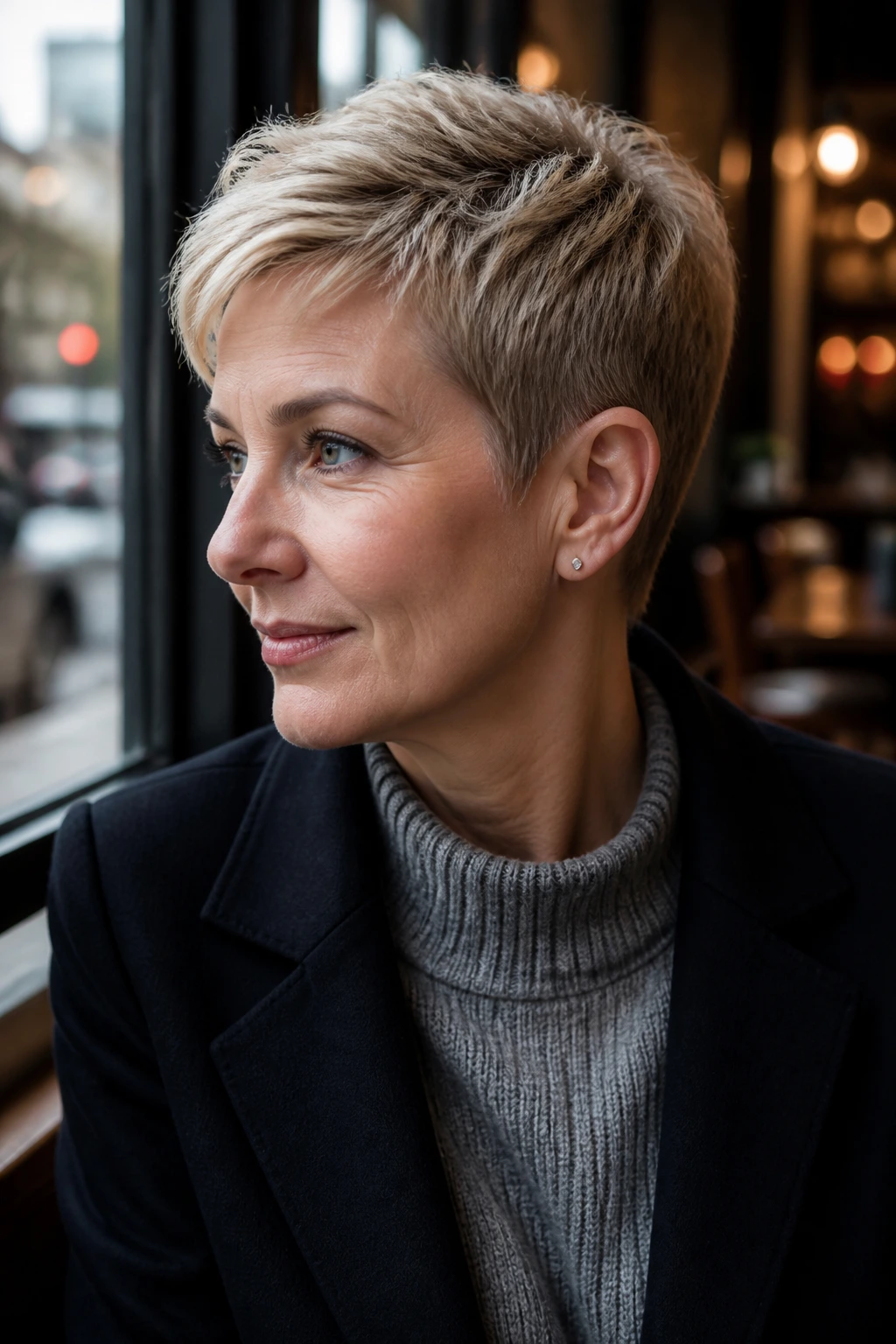 Portrait of a woman with classic tapered pixie haircut by cafe window