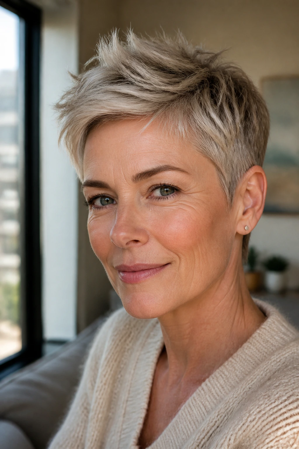 Portrait of a woman with a classic tapered pixie hairstyle in soft daylight