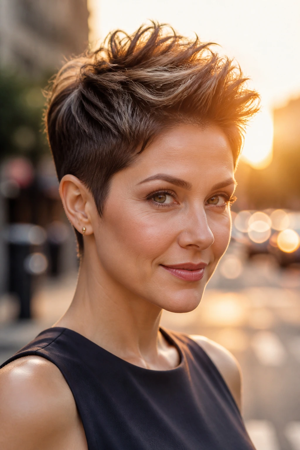Close-up portrait of a woman with a tapered pixie and lifted crown