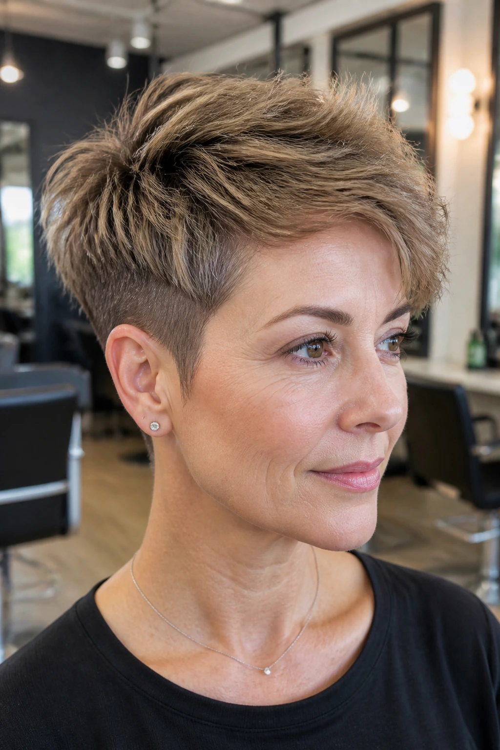 Portrait of a woman with a tapered pixie and long top showing lift