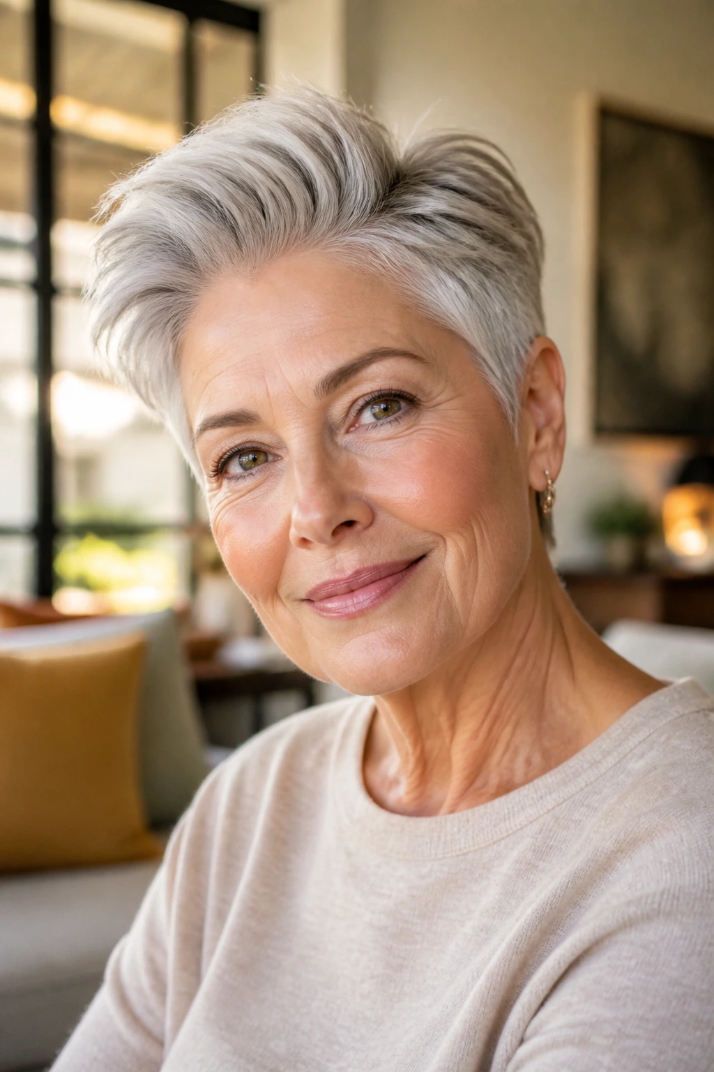 Mature woman with tapered pixie featuring a longer top in a sunlit room