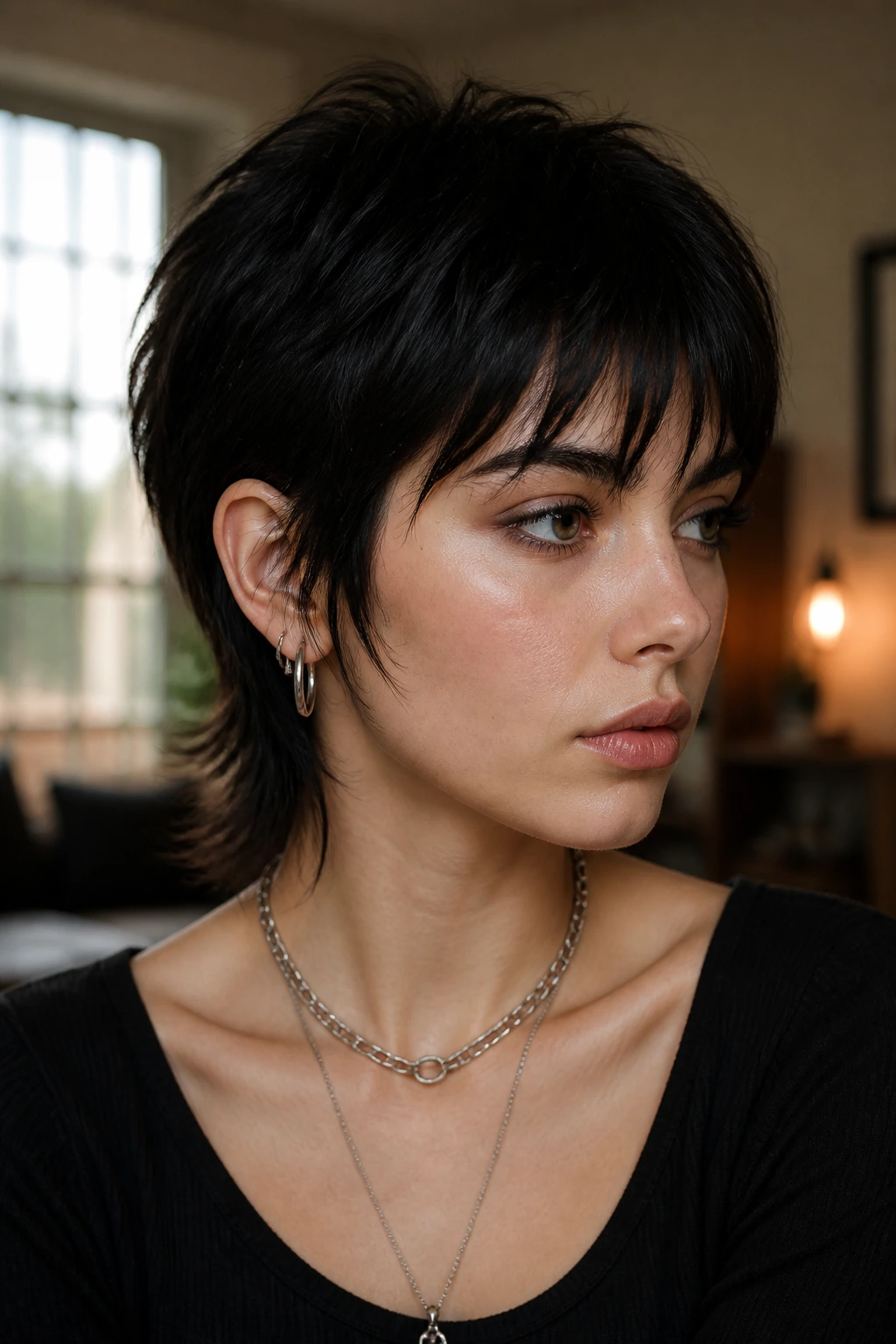 Portrait of a person with a tapered pixie mullet and wispy fringe in warm indoor light