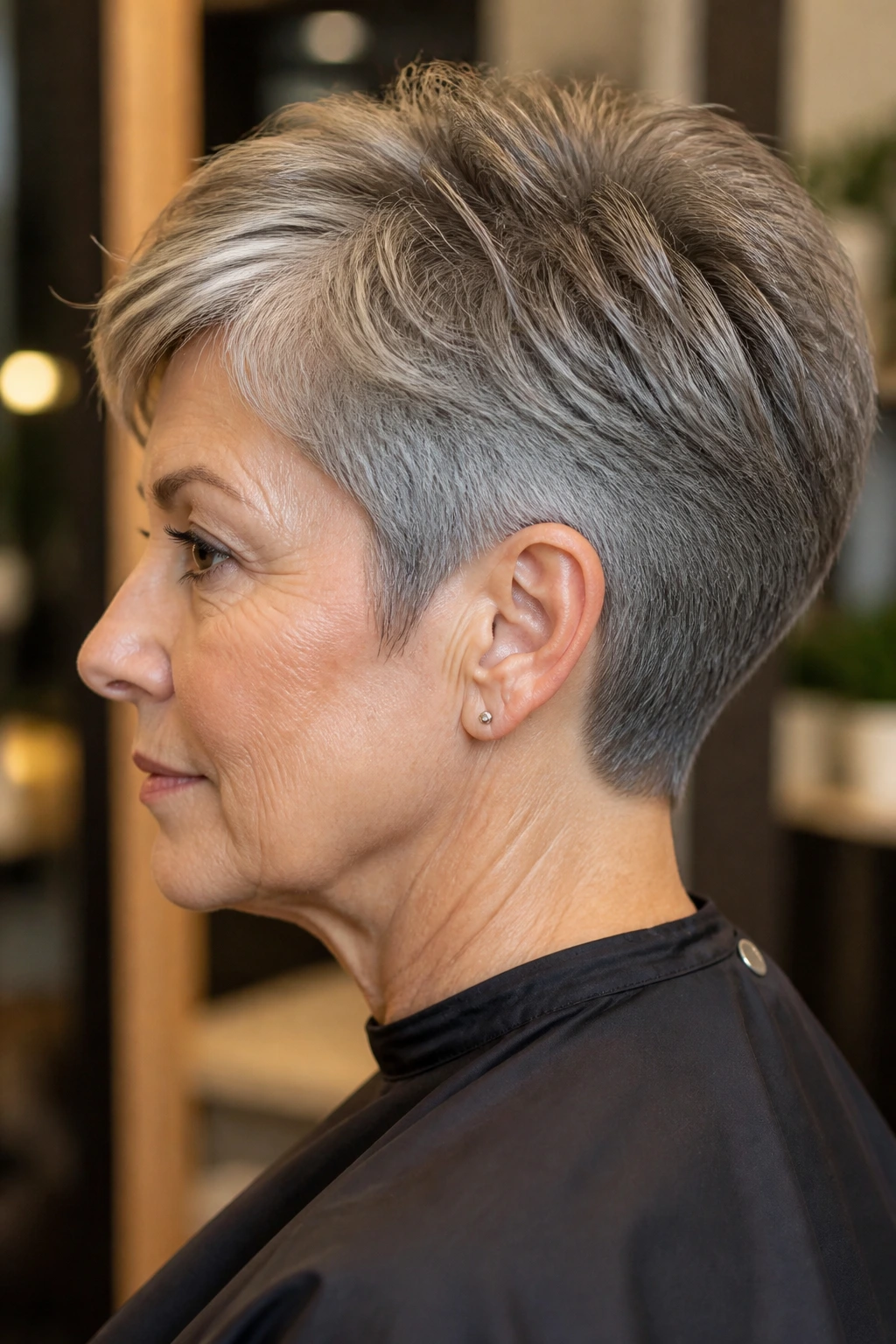 Close-up portrait of a real woman with a tapered classic pixie and clean nape