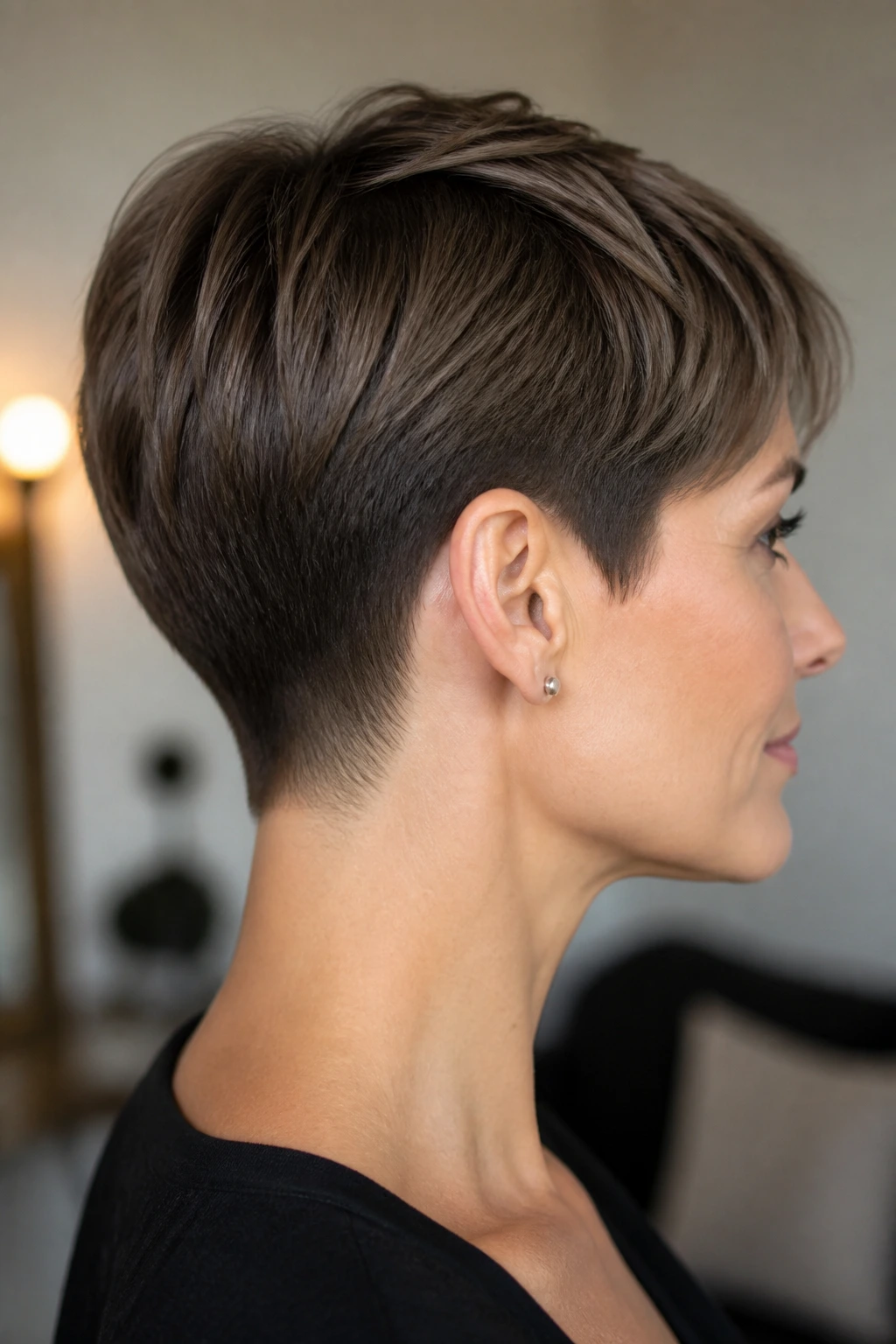 Real woman with tapered pixie and slim nape