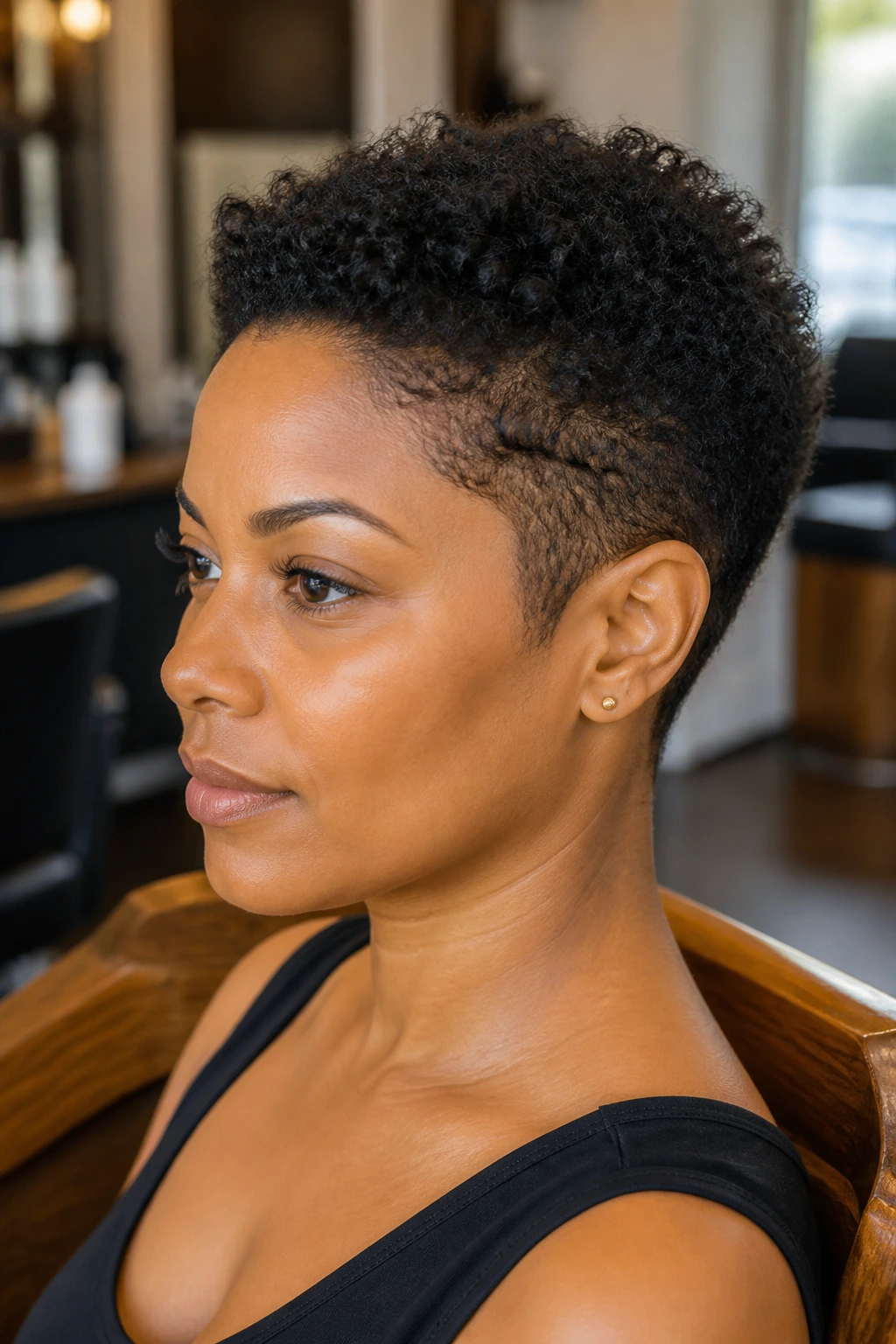 Close-up of a Black woman with a tapered natural pixie showing short sides and longer top