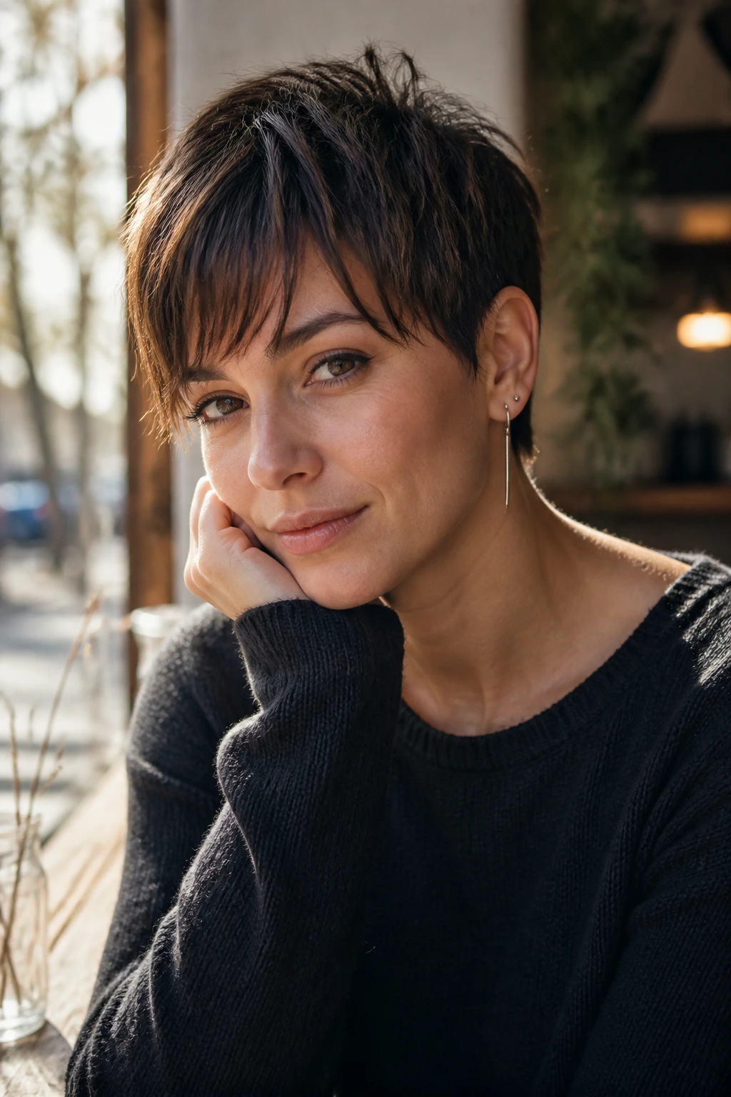 Close-up portrait of a woman with a tapered pixie and piecey fringe in warm cafe light