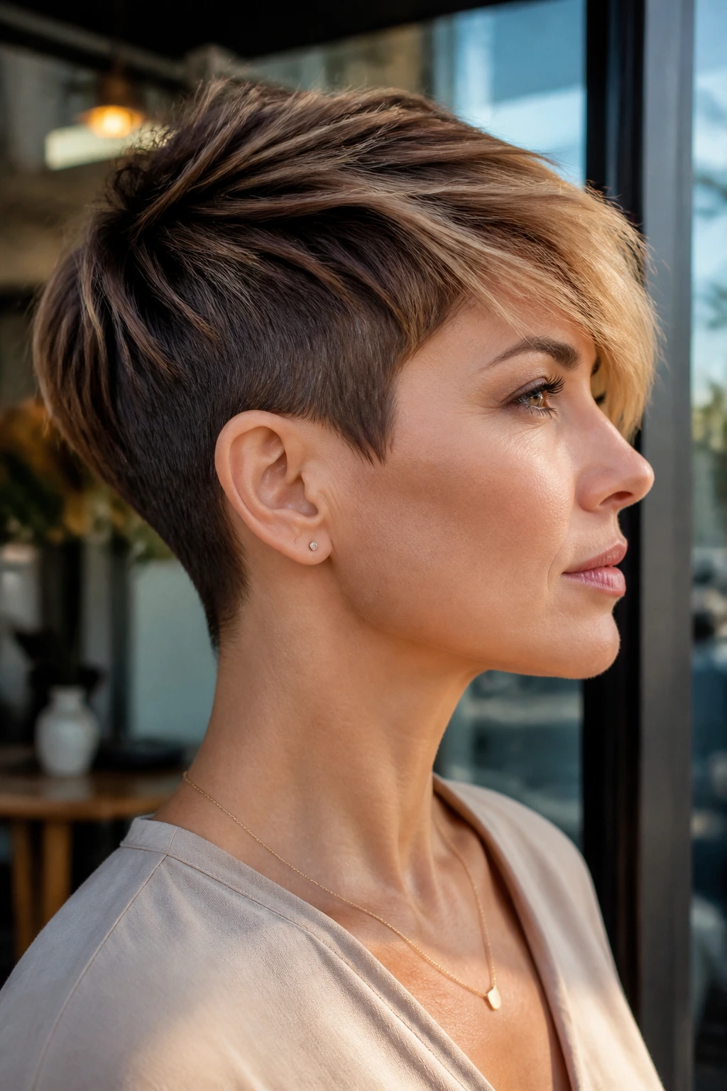 Close-up of a real woman with a tapered pixie and long top under cafe window light.