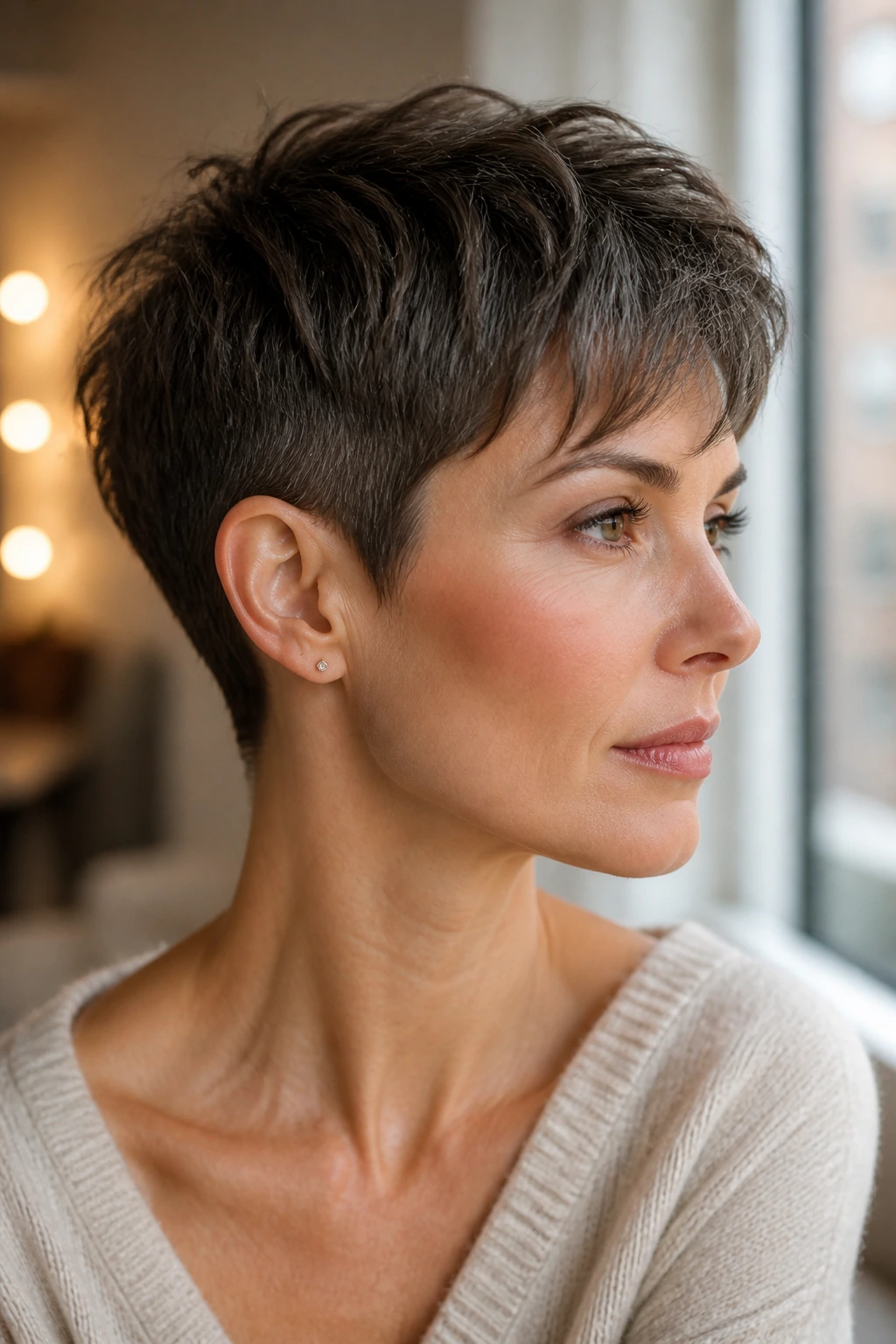 Portrait of a woman with a classic tapered pixie showing tight nape and longer crown in warm light.