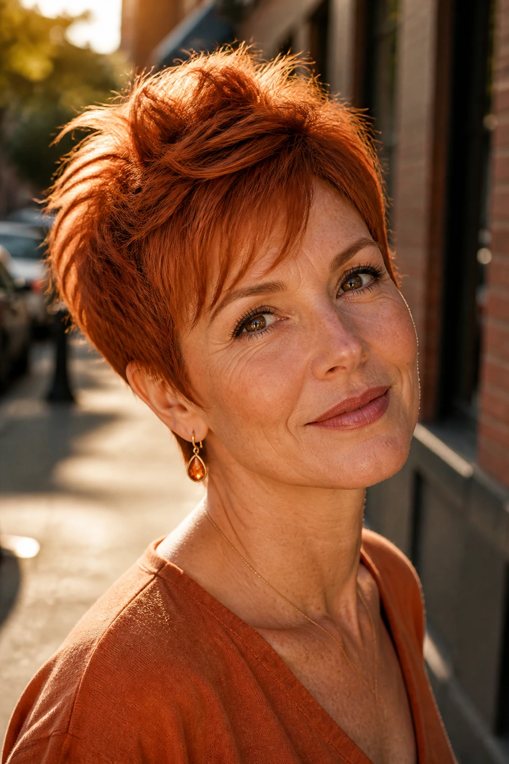 Close-up portrait of a woman with copper-toned tapered pixie shag and crown lift in sunlight