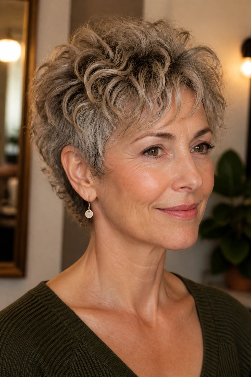 Close-up portrait of a real woman with a tapered pixie shag