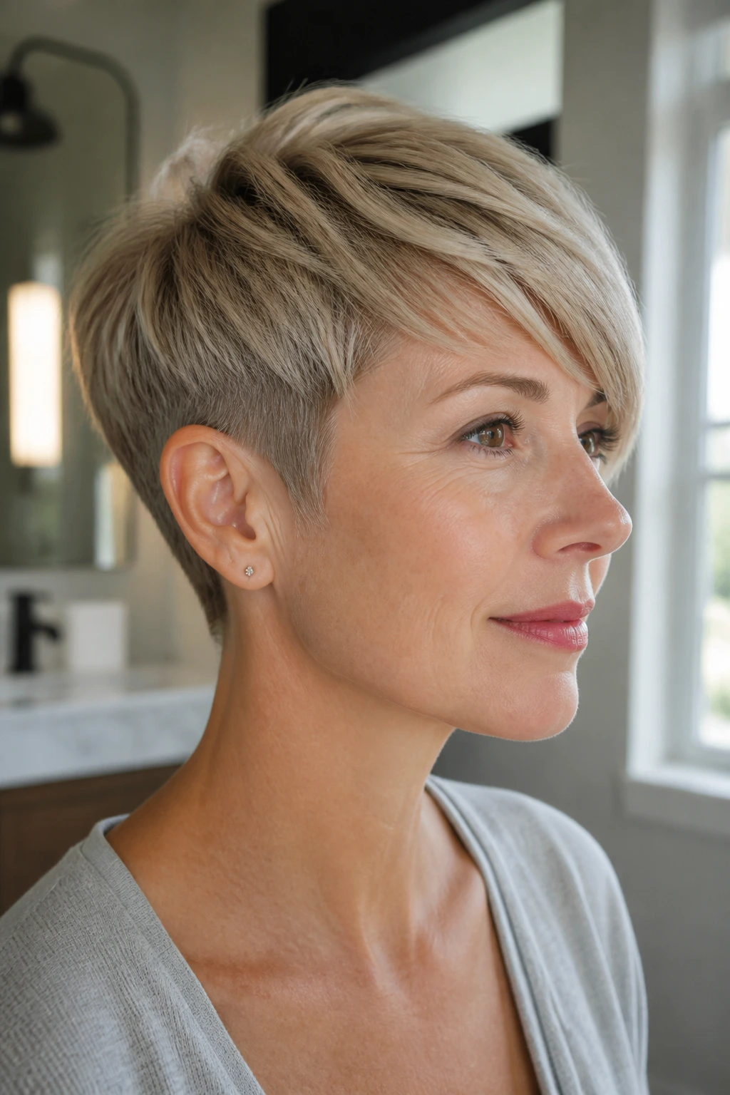 Portrait of a woman with a tapered pixie and side-swept fringe