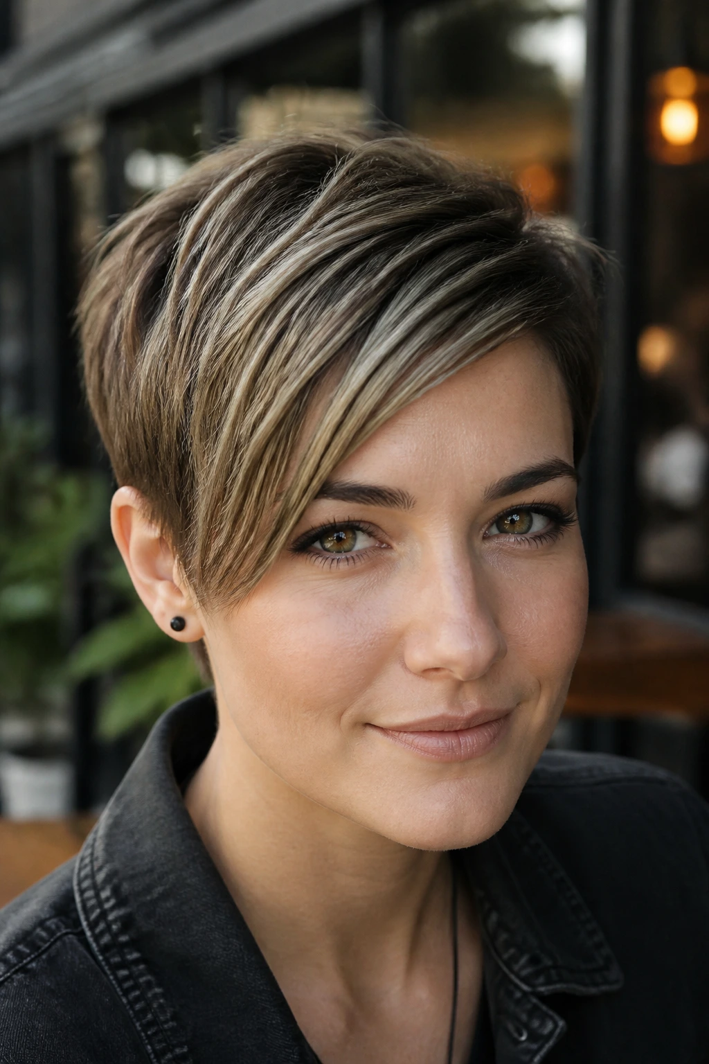Real person wearing a tapered pixie with side-swept fringe, portrait in natural outdoor light