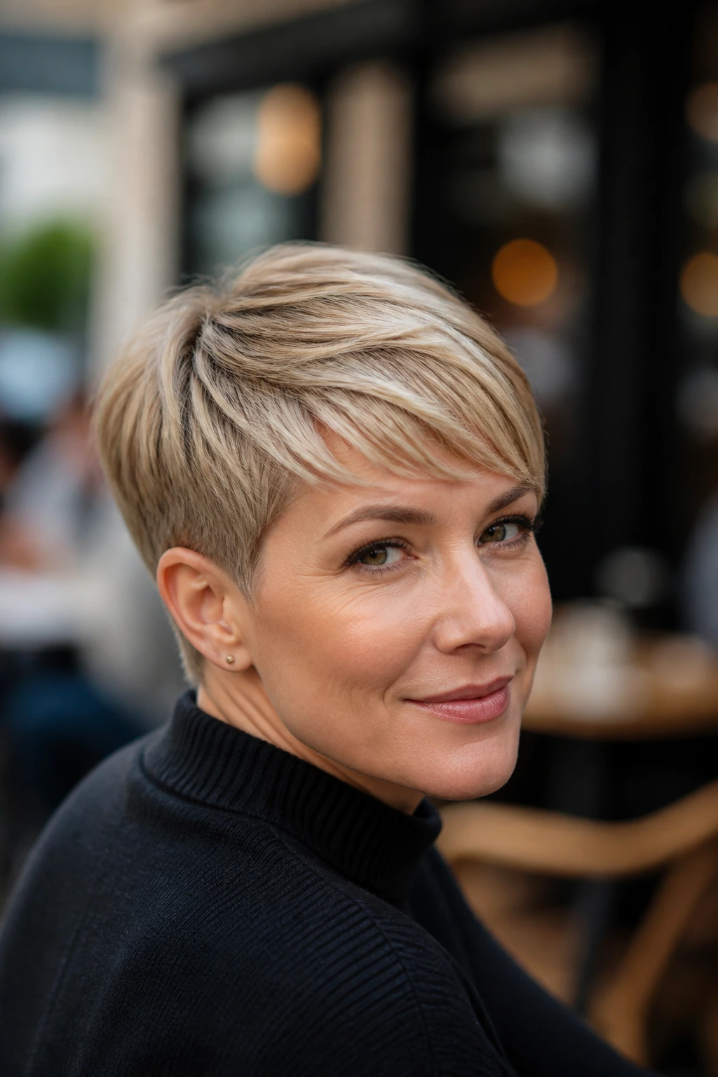 Close-up of a real woman with a tapered pixie and smooth fringe.