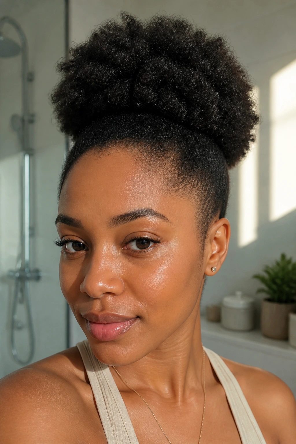 Close-up of Tapered Puff with Natural Shape hairstyle on a real person