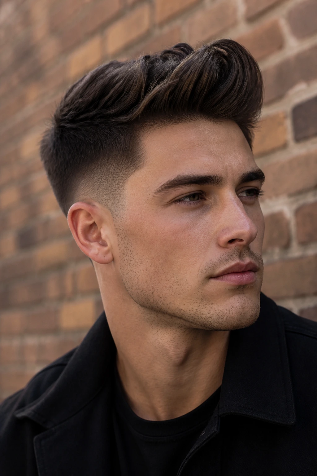 Real person with a tapered quiff, front lifted and sides tapered.