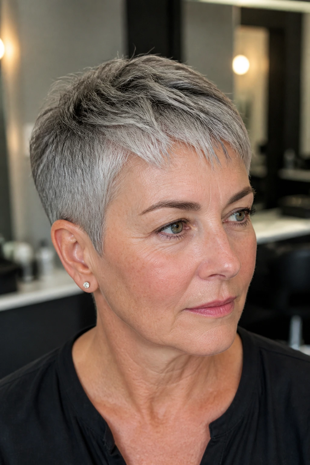 Real person with a tapered salt-and-pepper crop close-up