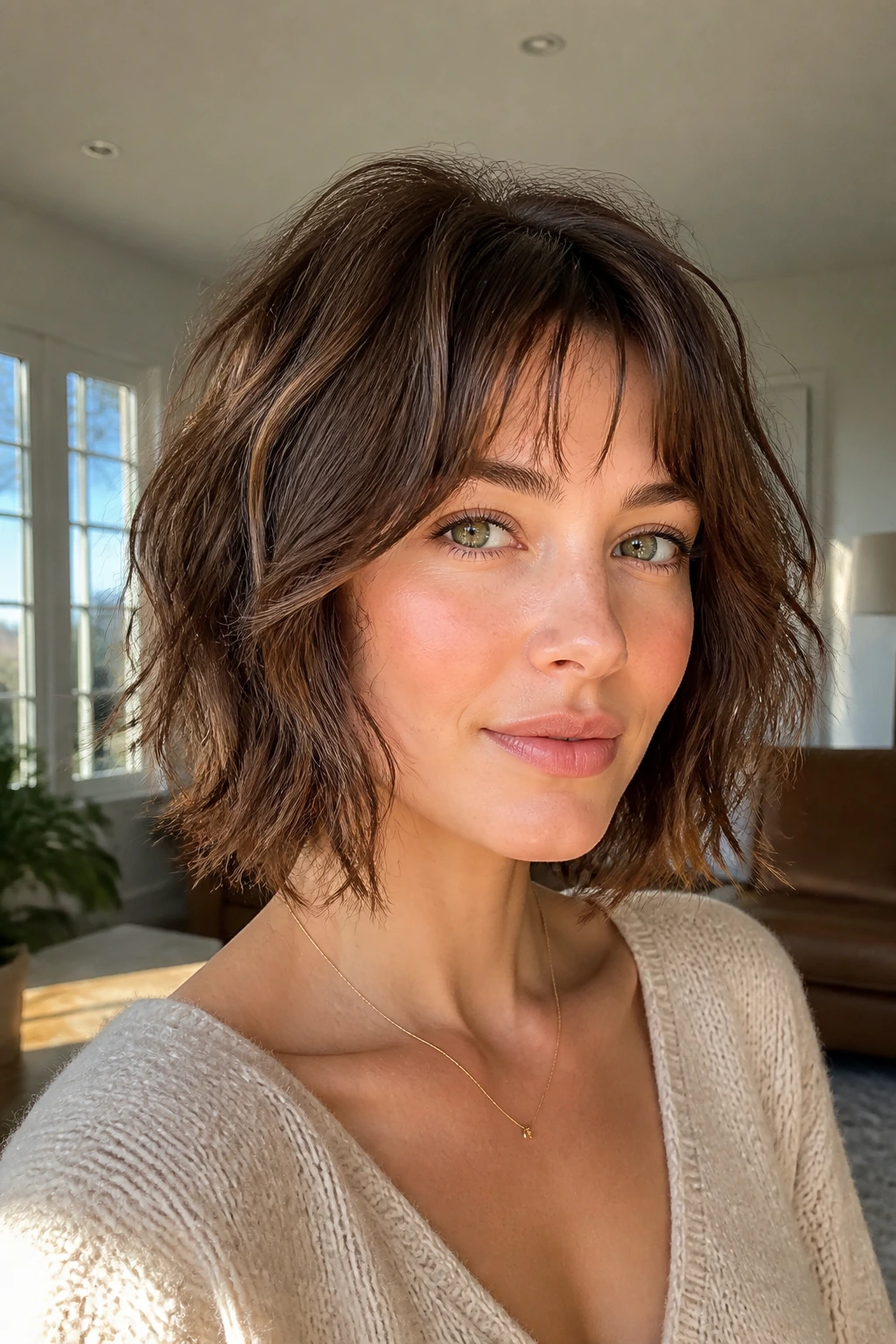 Real woman with tapered shag bob and baby curtain bangs in sunlit living room