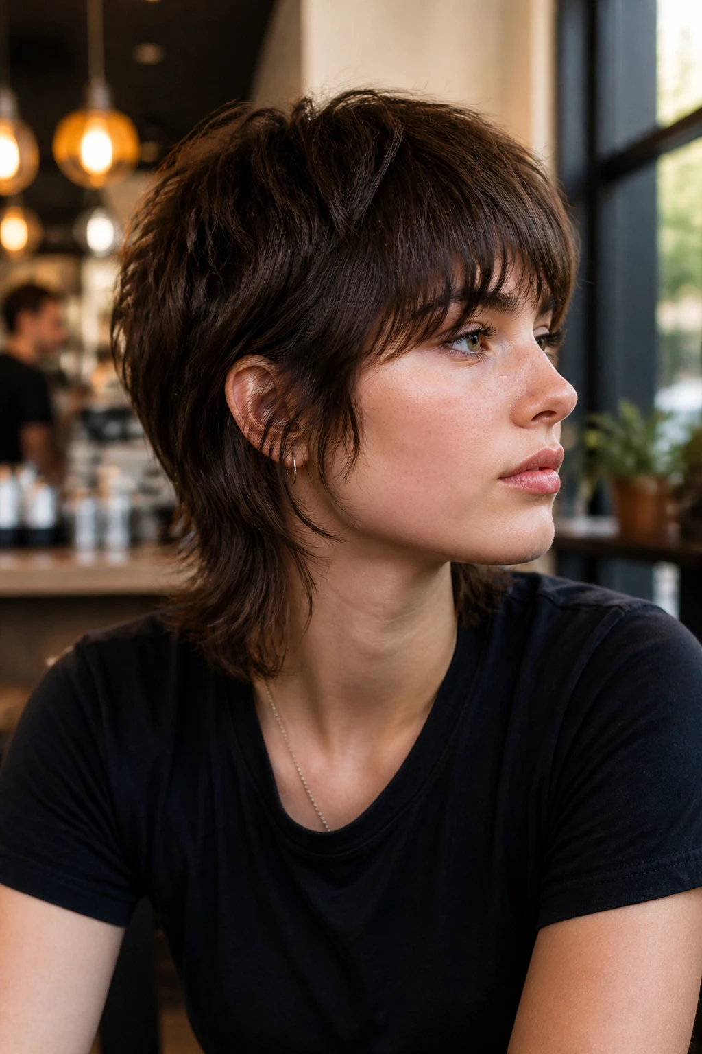 Close-up portrait of a real person with a tapered shag and feathered ends