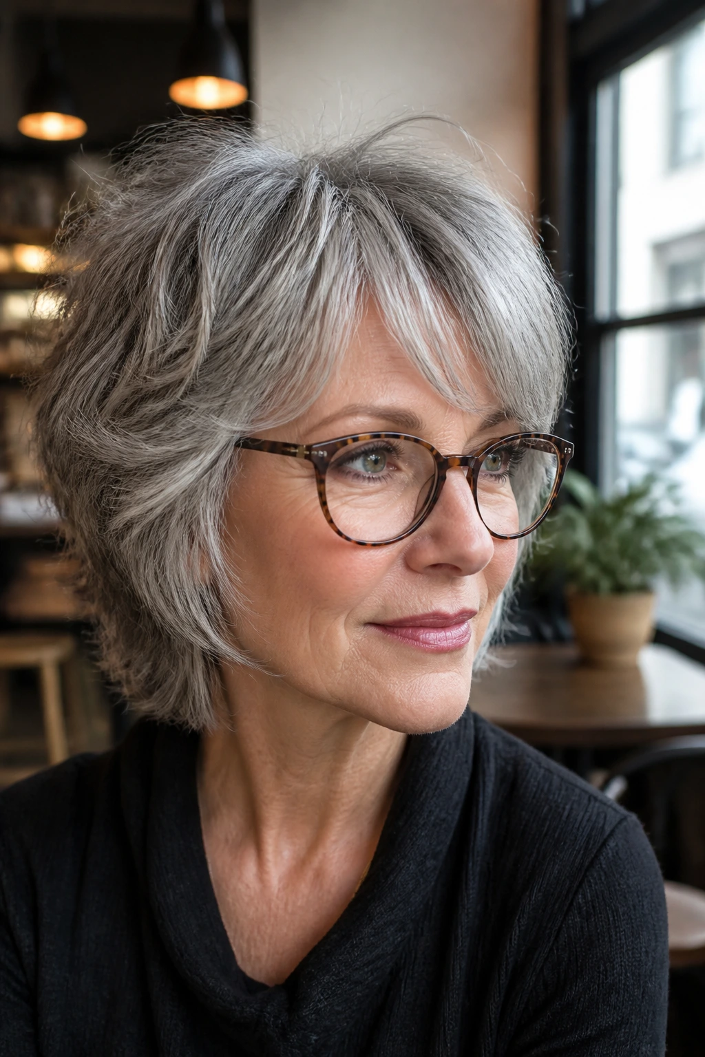 Close-up portrait of an older woman with tapered shag that frames glasses.