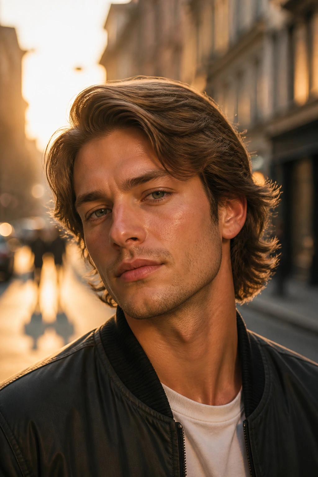 Portrait of real man with tapered shag and side flip in soft urban light