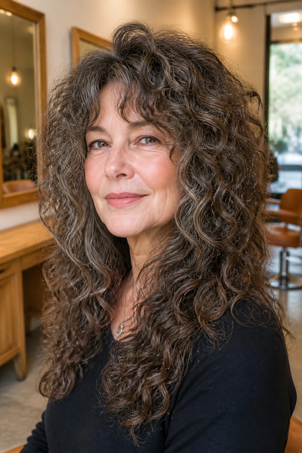 Close-up portrait of a real woman with thick curly hair styled in a tapered shag