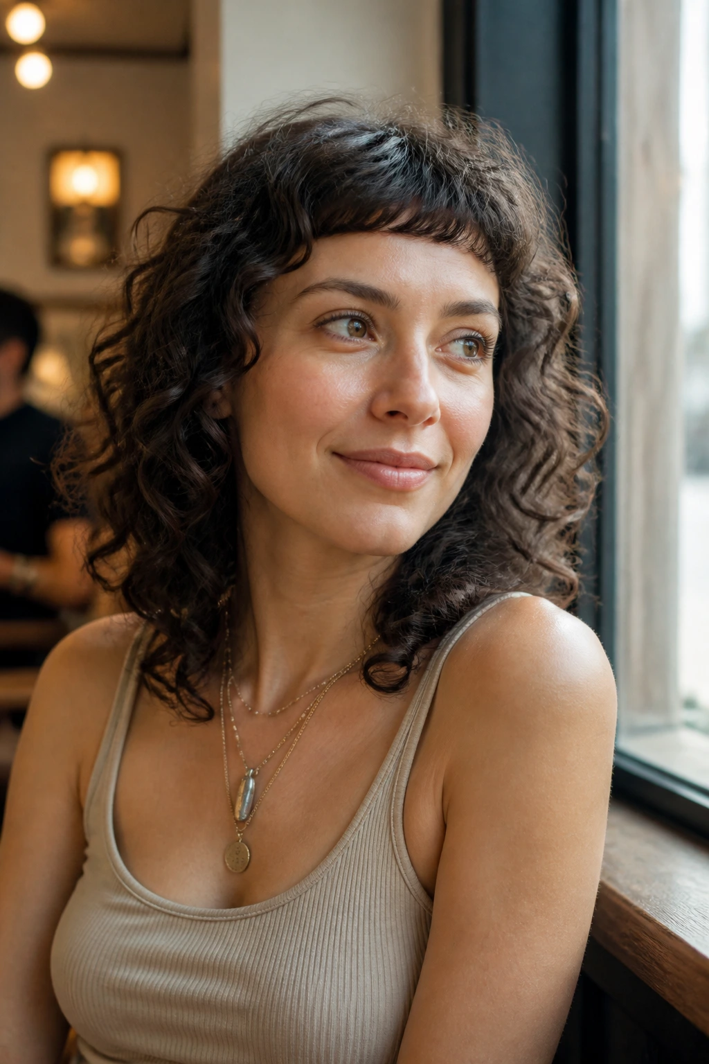 Portrait of real woman with tapered curly haircut and micro bangs in a cafe window setting