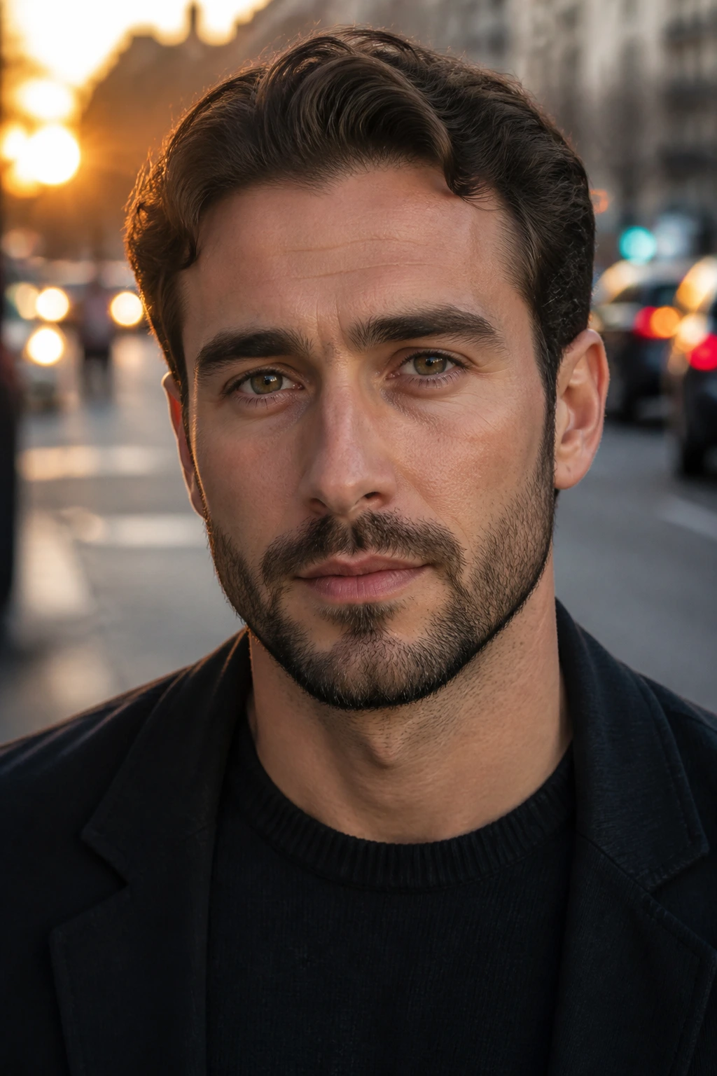 Close-up portrait of a man with a tapered short beard on an oval face in outdoor urban setting