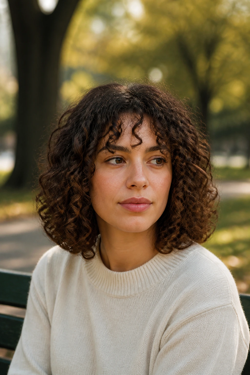 Real person with tapered shoulder-length curls and rounded perimeter in outdoor light