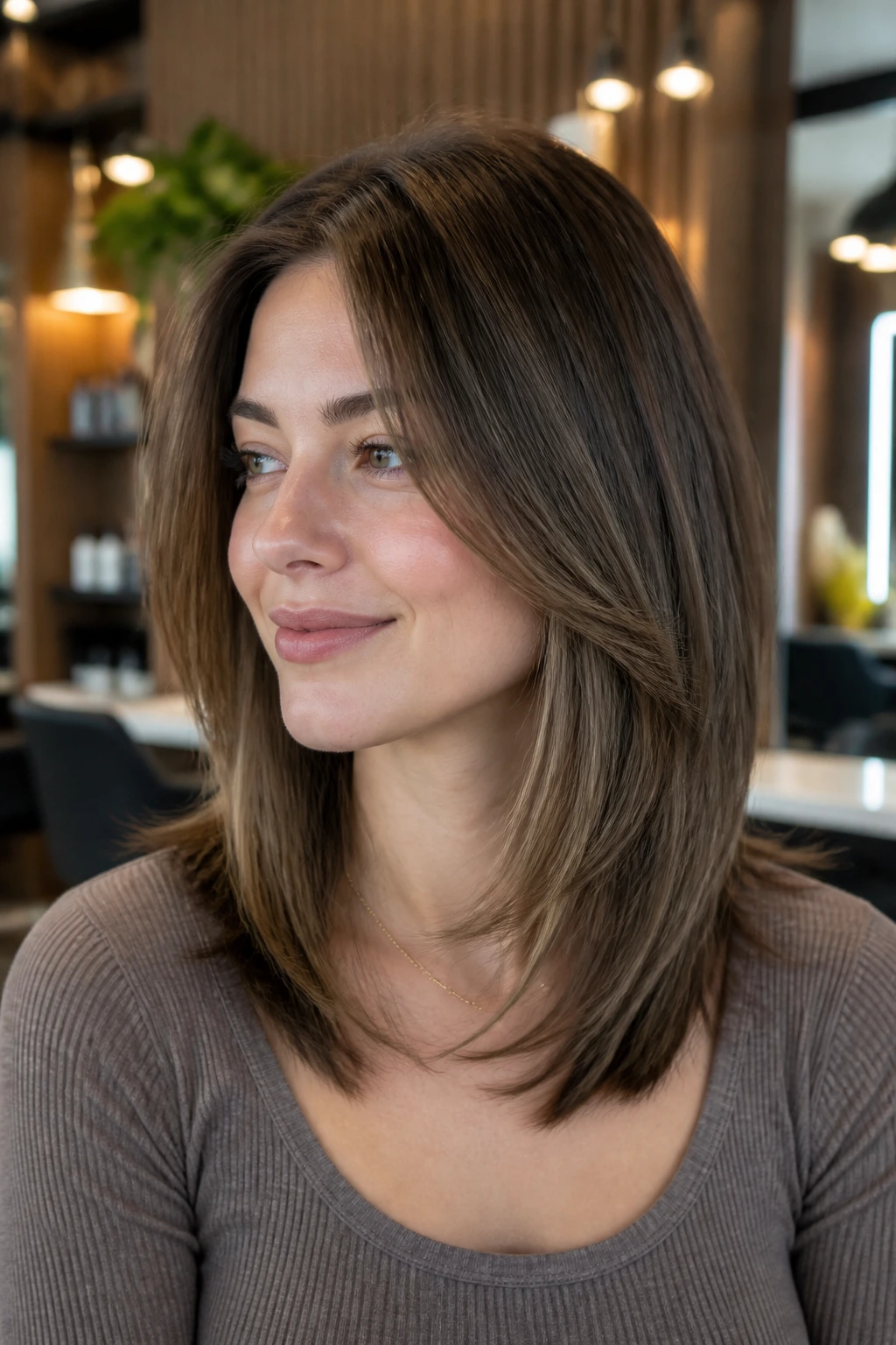 Portrait of a woman with a tapered shoulder-length haircut in a stylish salon