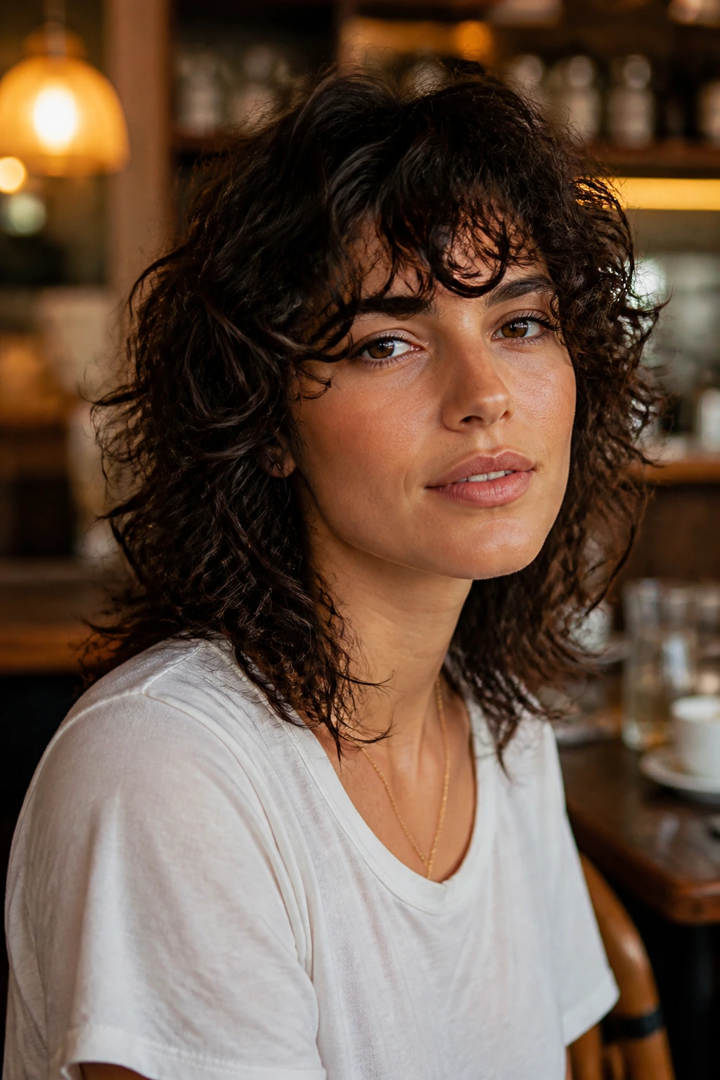 Real woman with tapered shoulder-length shag and curly fringe in cafe setting