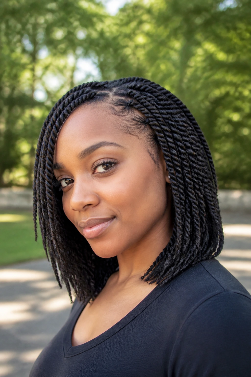 Close-up of tapered shoulder-length twists on a real person