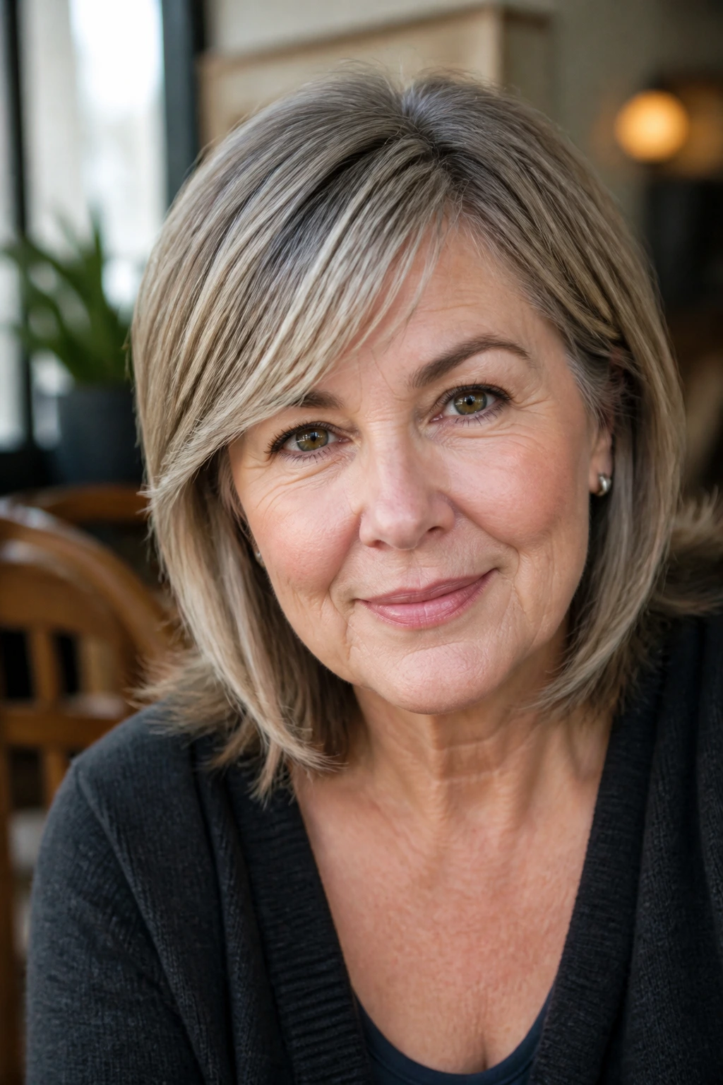 Close-up of a real woman with tapered side fringe and diagonal forehead line