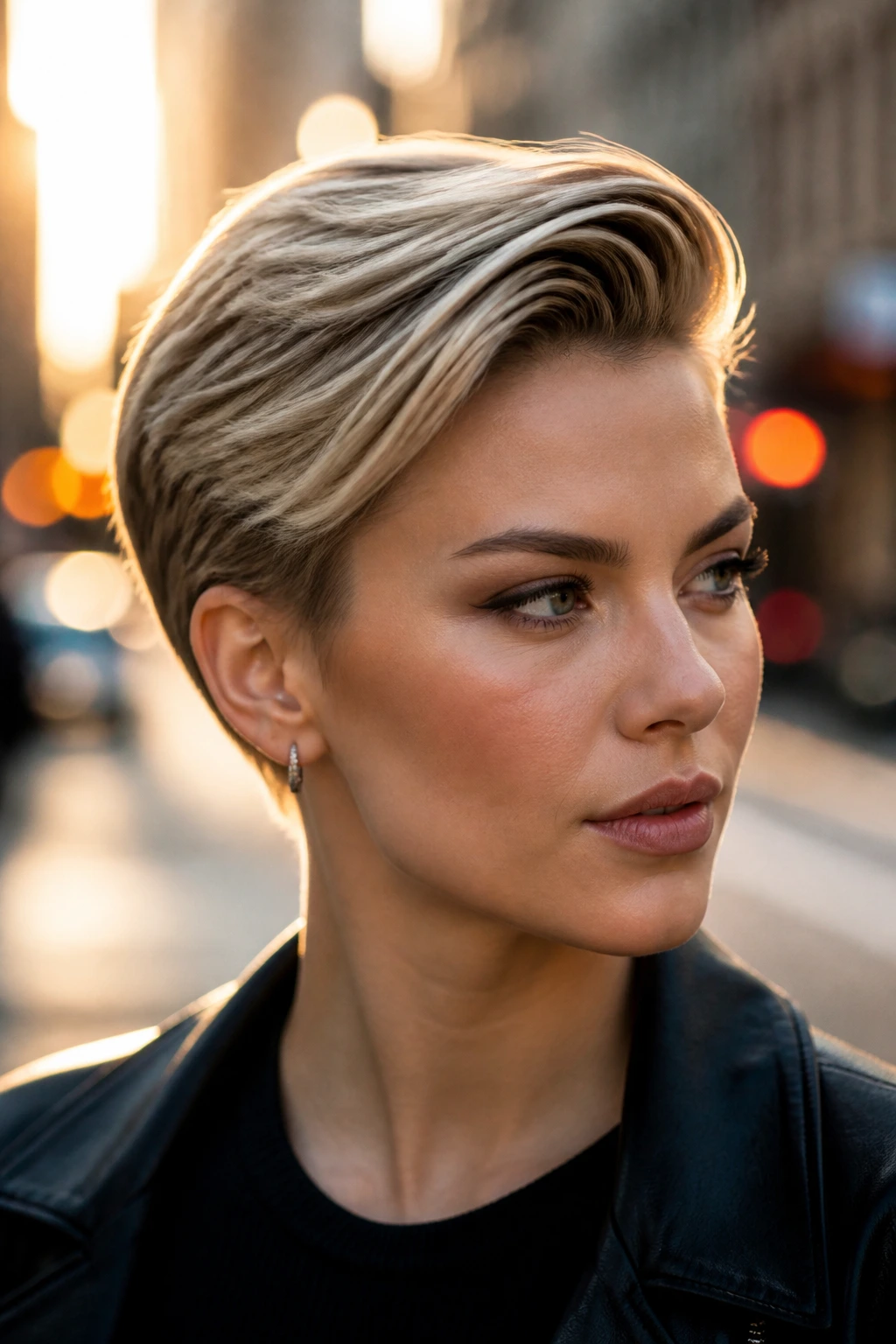 Close-up of a real woman with a side-swept tapered slick-back hairstyle