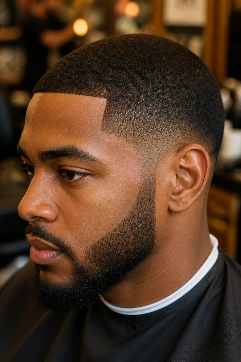Close-up portrait showing tapered sideburns blending into the beard on a buzz cut