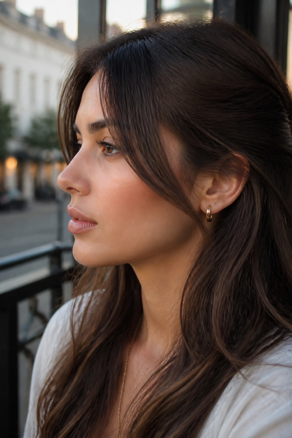 Close-up profile of a real woman with tapered side pieces sweeping across the face.