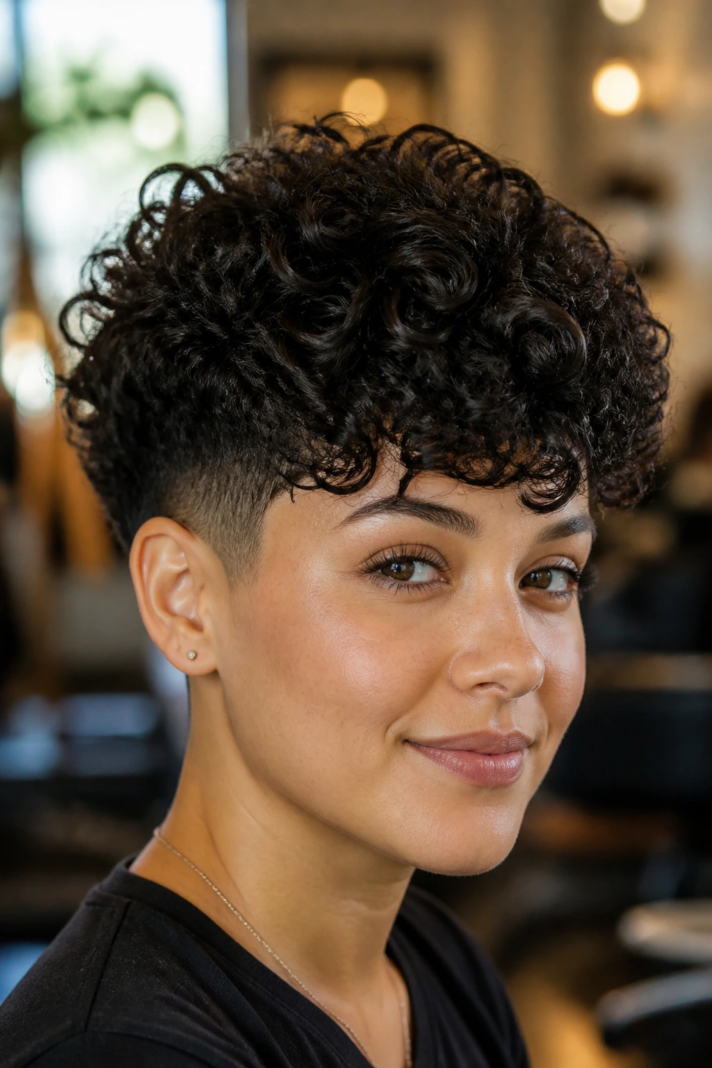 Close-up portrait of a real person with tapered sides and a full crown curly hairstyle