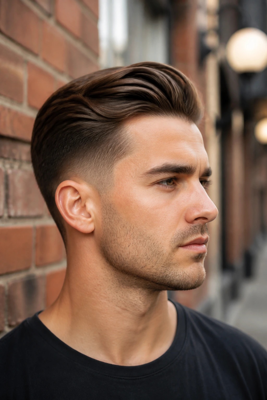 Close-up portrait of man with tapered sides and long top hair in natural outdoor light