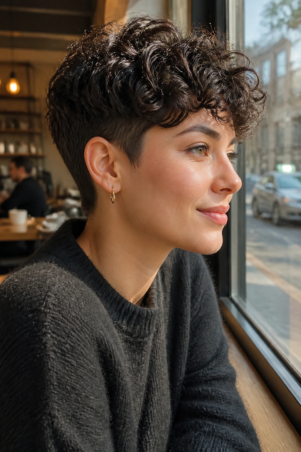 Profile of a real woman with tapered sides curly pixie and expressive top